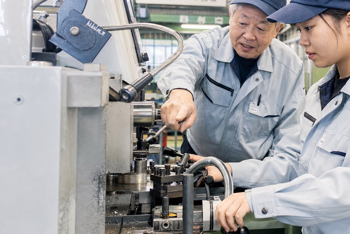工場で指導員が作業者に機械の操作を教えている様子